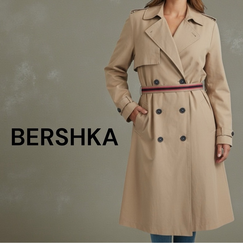Bershka Classic Double-Breasted Lightweight Trench Coat with Belt Size M